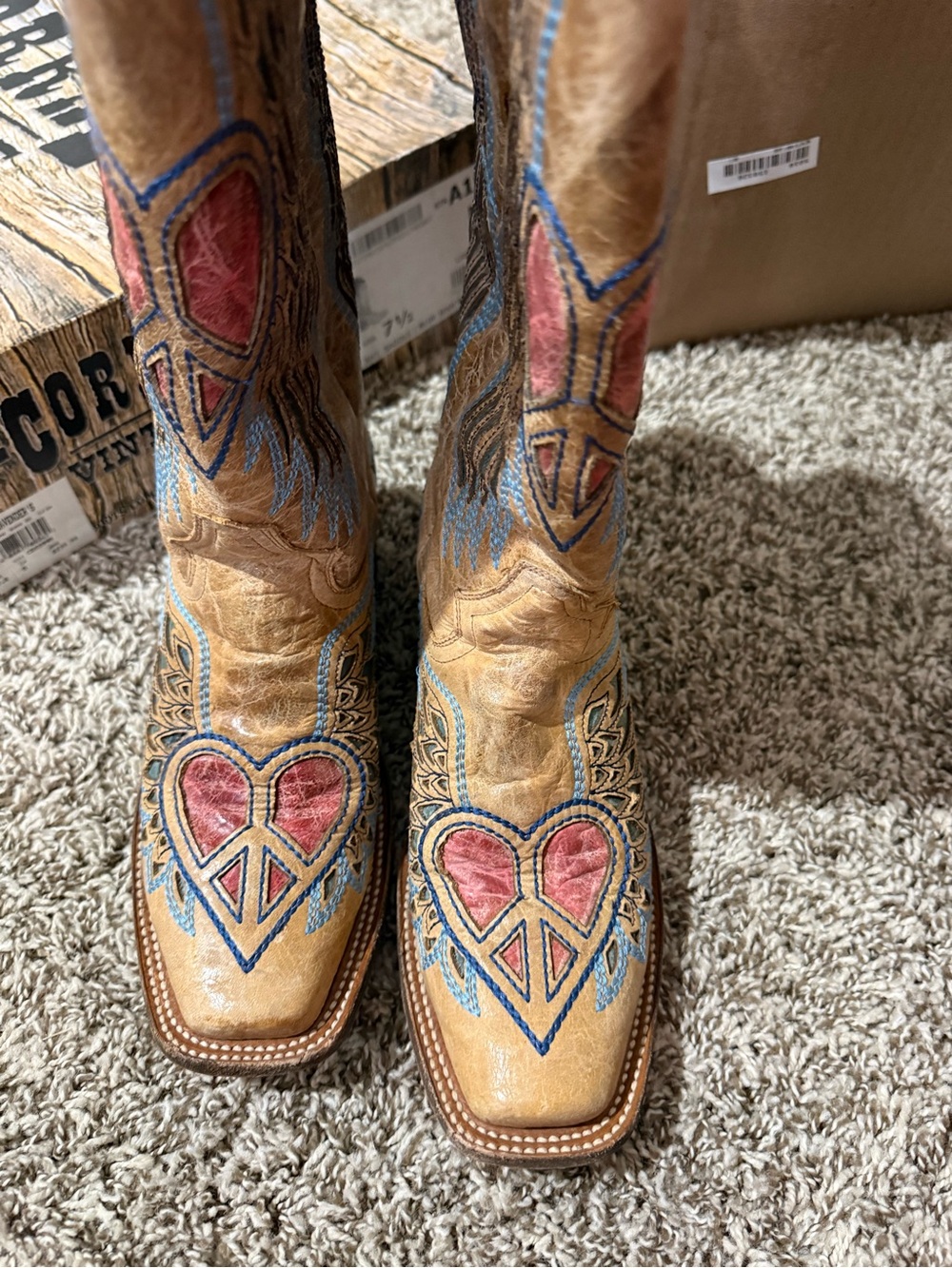 Women’s Tan Leather Cowboy Boots with Pink Heart Embroidery
